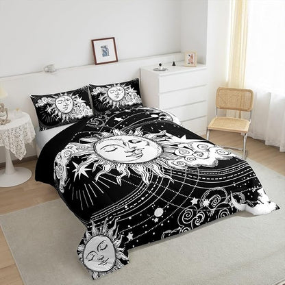 Erosebridal Black White Sun Moon Bedding Set Queen Size Hippie Comforter Set, Boho Exotic Home Decor Down Comforter Modern Kid Teen Boy Girls Bohemian Indian Duvet Insert for Bedroom