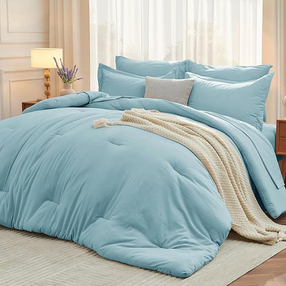 MUXHOMO 5 Pieces Twin Comforter Set, Soft Bed in a Bag Twin Size, All Season Bedding Set with Comforter, Flat Sheet, Fitted Sheet, Pillowcases & Shams, Lake Blue