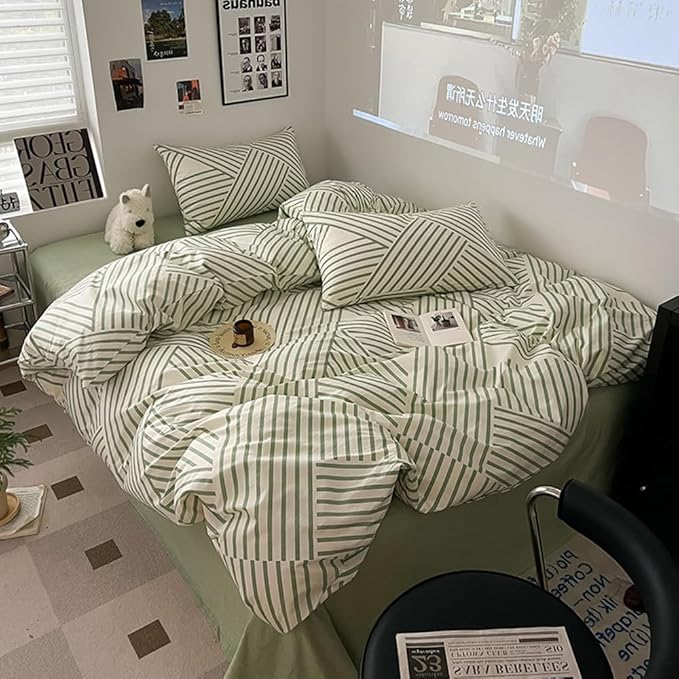 VM VOUGEMARKET Striped Comforter Set Full,Instagram Style Geometric Quilt with 2 Pillowcases Modern Fashion Comforter Set for Teens-Green White Stripes