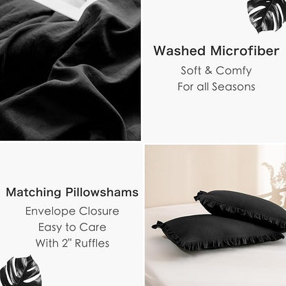 Masaca Black Ruffled Comforter Set Queen,Farmhouse Shabby Boho Chic Bedding,Ultra Soft Fluffy Ruffle Bed Comforter Set 3-Piece (1 Ruffle Comforter+2 Pillow Shams)