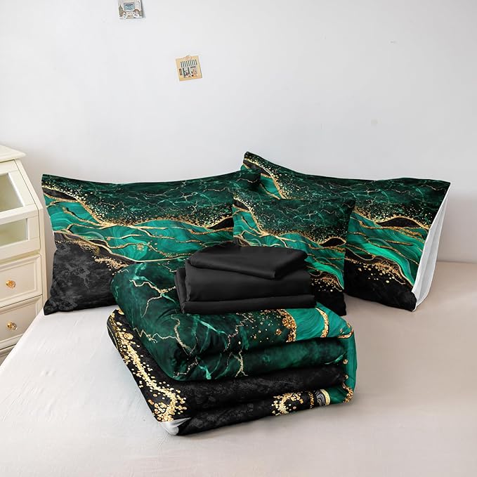 Green Marble Comforter Set Emerald Green Bedding Comforter Black Gold Marble River Abstract Texture Black and Green Comforter Full Size Bed in a Bag 8 Pieces