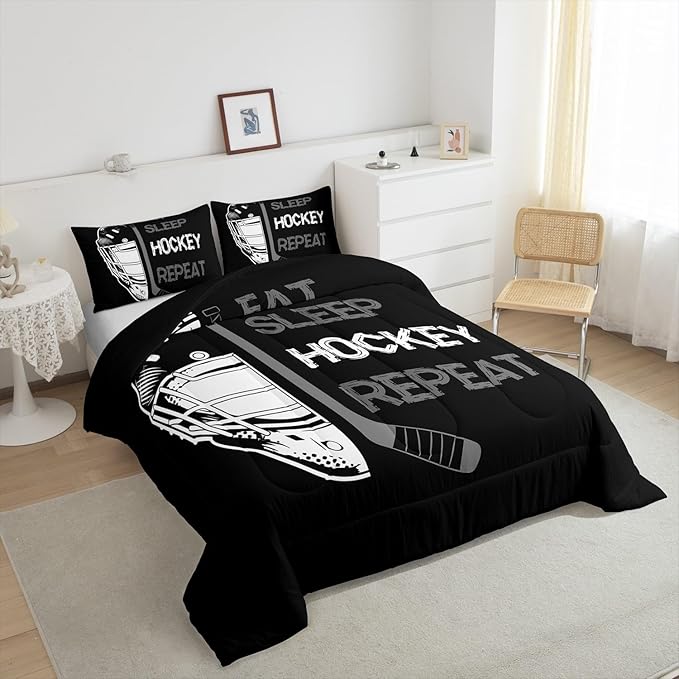 Erosebridal Ice Hockey Queen Comforter Set,Winter Sports Bedding for Teens Adult,Grey Eat Sleep Hockey Sketch Quilt Inner Fill,Boys Ball Game Duvet Insert with 2 Pillowcases for All Season Use