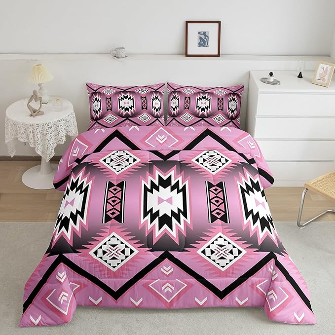 Feelyou Pink Western Comforter Set Southwest Native Tribal Toddler Size Bedding Set for Kids Boys Girls Geometric West Comforter Soft Microfiber Boho Bedroom Decor