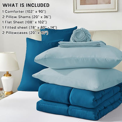 Anluoer King Comforter Set,Teal&Light Blue Bed in a Bag 7 Piece,Lightweight Bedding Set with Soft Down Alternative Fill,Bed Set Includes Comforter, Fitted Sheet, Flat Sheet,Pillowcases and Shams