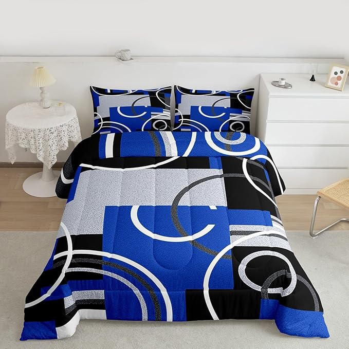 Royal Blue Black Grey Bedding Sets King Swirls Spiral Comforter Set Abstract Gromment Stripes Quilt Bedroom Decor Geometric Plaid Bedding Modern Graphic Artwork Quilted Comforter All Season