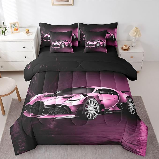 Feelyou Sports Car 7 Piece Bedding Set Pink Race Car Comforter Set with Sheets Kids Boys Girls Extreme Sports Theme Bed in a Bag Cool Speed Luxury Car Decor Bed Set with 2 Pillowcases King Size