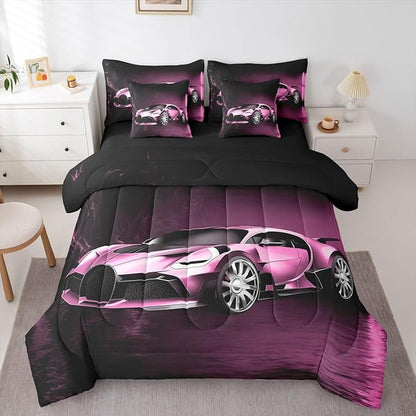 Feelyou Sports Car 7 Piece Bedding Set Pink Race Car Comforter Set with Sheets Kids Boys Girls Extreme Sports Theme Bed in a Bag Cool Speed Luxury Car Decor Bed Set with 2 Pillowcases King Size