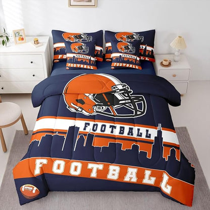Erosebridal Football 7 Pcs Comforter Set Queen Football City Bedding for Men Blue Orange Football Fans Sheet Set Bed in A Bag Rugby Game Room Decor Sports Ball Competition Quilt
