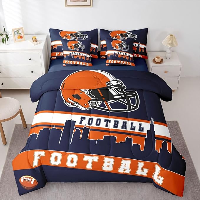 Erosebridal Football 7 Pcs Comforter Set Twin Football City Bedding for Men Blue Orange Football Fans Sheet Set Bed in A Bag Rugby Game Room Decor Sports Ball Competition Quilt
