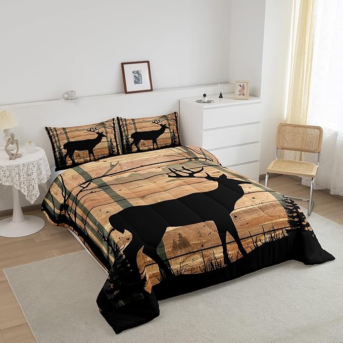 Feelyou Deer Moose Print Comforter Set Queen for Girls Women Teens Adult, Kids Boys Bear Hunting Theme Bedding Set, Forest Wild Animal Comforter Soft Quilt Set, with 2 Pillowcase 3pcs Bedding