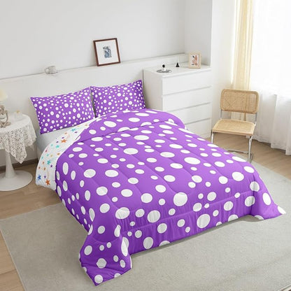 Manfei White Polka Dots Comforter Set King Size,Purple White Simple Geometric Circles Bedding Set 3 Pcs for Adults,French Style Cute Dots Print Comforter,2 Pillowcases