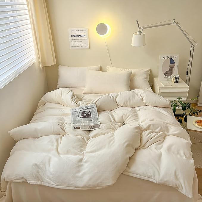 Luxlovery White Fluffy Comforter Queen All White Velvet Bedding Comforter Set Flannel Solid White Cozy Puffy Plush Blanket Quilts Sherpa Micromink Winter Thick Warm Comforter Set Women Men