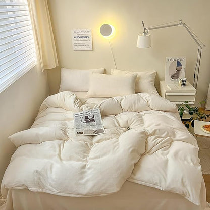 Luxlovery White Fluffy Comforter Queen All White Velvet Bedding Comforter Set Flannel Solid White Cozy Puffy Plush Blanket Quilts Sherpa Micromink Winter Thick Warm Comforter Set Women Men