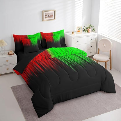 Feelyou Abstract Ombre Comforter Set with Sheets Kids Teens Red Green and Black Girls 7 Piece Bedding Set Room Decor Fashion Modern Women Bed in a Bag Bedroom Collection Full Size