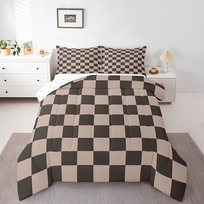 Feelyou Checkered Retro Bedding Set Teen Women Men Gradient Brown Plaid Comforter Set Twin Size Kids Boys Girls Geometric Vintage Duvet Insert Modern Simple Groovy Aesthetic Room Decor