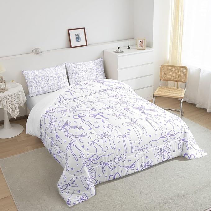 Castle Fairy Purple Bow Comforter Set Twin Size, Cartoon Bow Bedding Set, Kawaii Princess Style Stars Love Bowknot Quilt Set for Kids Girls Women Teens Room Decor,Romantic Duvet Insert,1 Pillowcase