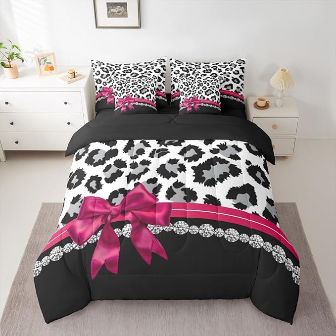 Feelyou Grey Leopard 7 Piece Bedding Set Full Size Plum Red Bowknot Comforter Set with Sheets for Kids Girls Women Diamond Bed in a Bag Animal Print Bed Set
