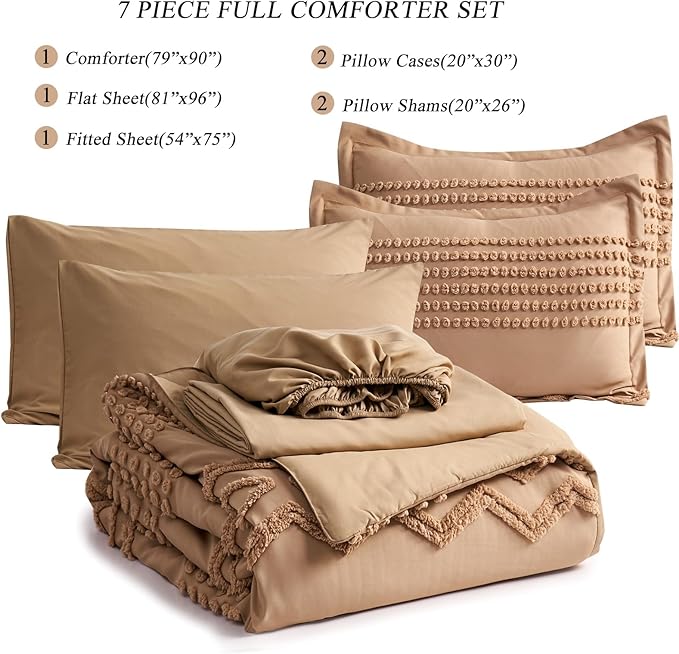 KAKIJUMN Khaki Tufted Comforter Set Full Size 7 Piece Bed in a Bag, Shabby Chic Boho Comforter and Sheet Set, Pom Pom Textured Bed Set, All Season Soft Microfiber Complete Bedding Set(Khaki,Full)