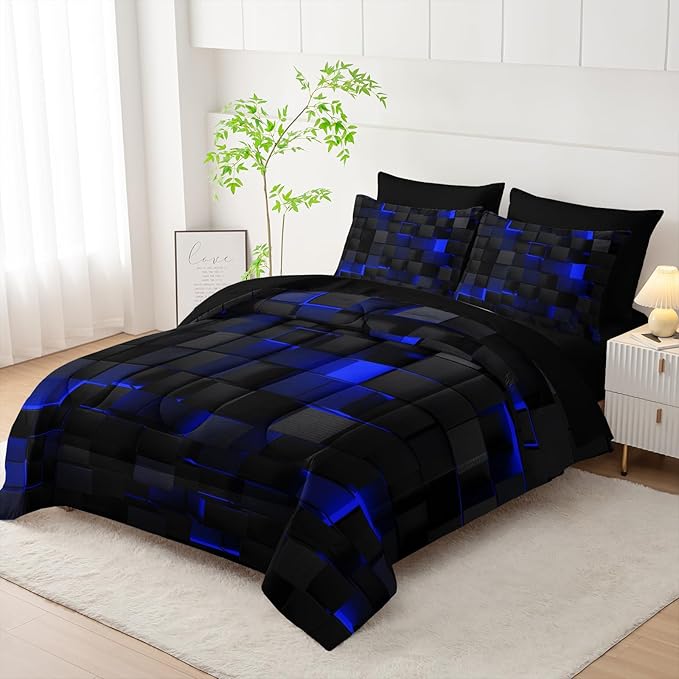 Geometric Blue Black Full Comforter Set,Light Honeycomb Bedding Set 7 Piece in A Bag,Bed Sheet Set Geometry Decor,Microfiber Lightweight All Season