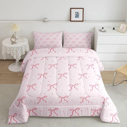 Erosebridal Pink Bow Toddler Bedding Set for Girls Women Ribbon Bows Comforter Set Preppy Bows Comforter for Kids Adults Coquette Room Decor Girly Princess Pink Quilt Duvet