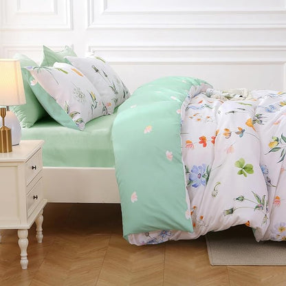 MUXHOMO Multi Flower Full Comforter Set, Elegant Floral Print Bed in a Bag 7 Pieces, Ultra Soft & Breathable Reversible Botanical Pattern Bedding Set with Comforter, Sheets, Pillowcases, and Shams