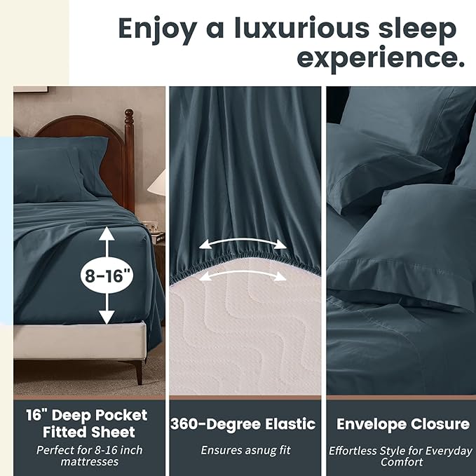 100% Linen Sheets Queen Size,Breathable & Durable 4-Piece Bed Flax Sheet Set,Soft All-Season Bedding for Hot Sleepers 16" Deep Pocket Oeko-TEX Certified,（Queen, Navy Grey）