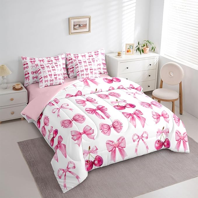 Feelyou Pink Cute Cherry Bow Comforter Set with Sheets 7 Piece Full Size Princess Decor Bedding Set for Kids Boys Girls Pink Bow Bed in a Bag Kawaii Room Decor Soft Lightweight Microfiber