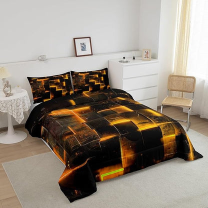 3D Geometric Bedding Set King Abstract Aesthetic King Comforter, Black and Orange Duvet Insert Glowing Futuristic Cubes Quilt Comforter, Neon Grid Bedding Comforters & Sets 3-Piece (Black Reversible)