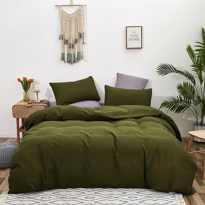 Cottonight Olive Green Bedding Set - Queen Size, Army Green Comforter, Blanket & Quilts - Modern, Soft, Breathable - 3 Piece Set for Women & Men