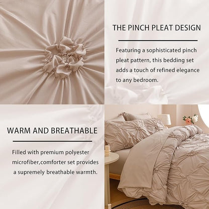 Khaki Twin Comforter Set - 7 Pieces Bed in a Bag, Premium Comforters Twin Size Bed Set Pintuck Pinch Pleat Complete Comforter Set with Flat Sheet, Fitted Sheet and Pillowcases,Khaki