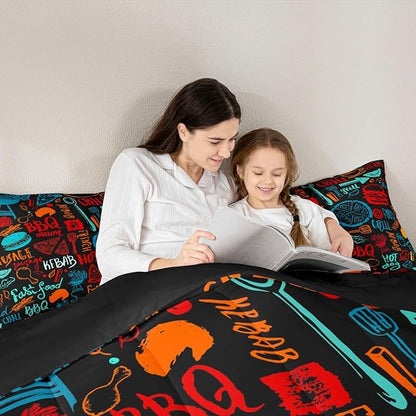 Castle Fairy Colorful Hand Drawn Line Art 3 Pcs King Size Comforter Set,Delicious Food Down Alternative Adults Bedroom Decor,Barbecue Theme Ultra Soft Microfiber Inner Fill 3Pcs Bedding