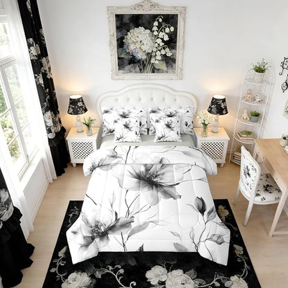 Erosebridal Black and White Floral Comforter Set with Sheets Twin, Boho Flower 7 Pcs Bedding Set for Women Men, Artistic Watercolor Floral Bed Sets, Ink Painting Style Blossom & Leaf Bed in A Bag