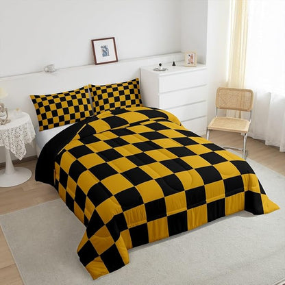 Feelyou Checkered Bedding Set Teen Women Men Yellow Black Plaid Comforter Set Queen Size Kids Boys Girls Cute Retro Neutral Checkerboard Geometric Duvet Insert Vintage Aesthetic Room Decor
