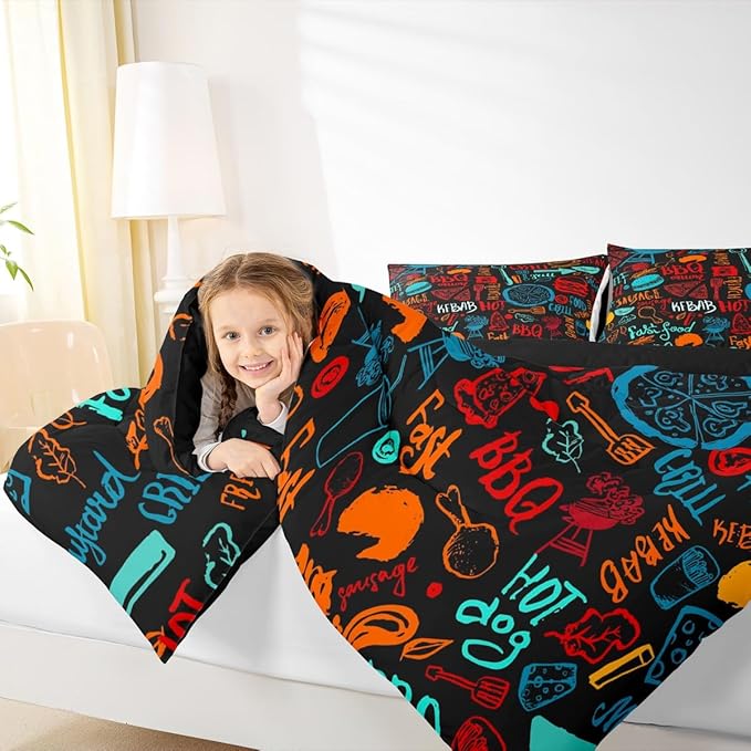 Castle Fairy Colorful Hand Drawn Line Art 3 Pcs King Size Comforter Set,Delicious Food Down Alternative Adults Bedroom Decor,Barbecue Theme Ultra Soft Microfiber Inner Fill 3Pcs Bedding