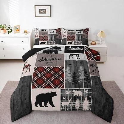 Retro Cabin Rustic Comforter Set For Room Decor, Country Farmhouse Lodge Quilt Bear Moose Deer Bedding Set Hunting Wild Animal Plaid Patchwork Duvet Insert Rustic Decorations For Home, Full Size