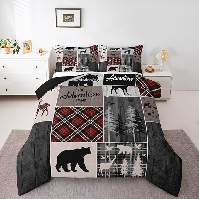 Retro Cabin Rustic Comforter Set For Room Decor, Country Farmhouse Lodge Quilt Bear Moose Deer Bedding Set Hunting Wild Animal Plaid Patchwork Duvet Insert Rustic Decorations For Home, Queen Size