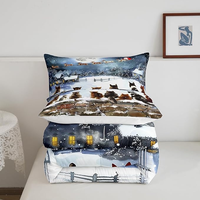 Merry Christmas Bedding Set Full Size,Watercolor Cat Comforter Set 3Pcs for Kids Girls Boys Teens Room Decor,Santa Clause Sleigh Quilt Set Funny Winter Painting Art Duvet Insert,2 Pillowcases