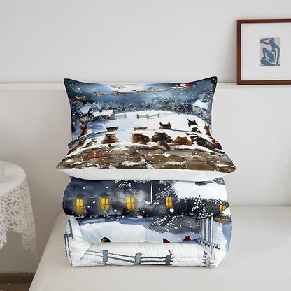 Merry Christmas Bedding Set Full Size,Watercolor Cat Comforter Set 3Pcs for Kids Girls Boys Teens Room Decor,Santa Clause Sleigh Quilt Set Funny Winter Painting Art Duvet Insert,2 Pillowcases