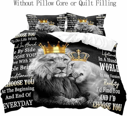 LUVIVIHOME 3PCS Lion Duvet Cover, Lion King Bedding Set, Black Duvet Cover, African Safari Animal Comforter Bedspread Quilt Cover, Couples Gifts, Romantic Gifts for Him, I Choose You, 2 Pillow Shams