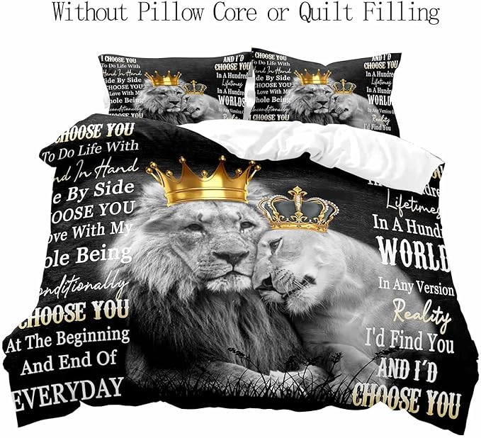 LUVIVIHOME 2PCS Lion Duvet Cover, Twin Bedding, Black Duvet Cover, Lion King & Queen Safari Animal Comforter Bedspread Quilt Cover, Couples Gifts, Romantic Gifts for Him, I Choose You, 1 Pillow Sham