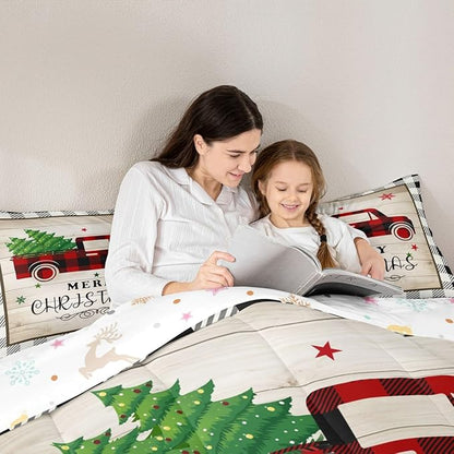 Xmas Truck Bedding Set Twin Size,Black White Geometric Grid Comforter 2pcs for Kids Teens Adults Room Decor,Brown Rustic Farmhouse Quilt Happy New Year Duvet Insert,1 Pillowcase