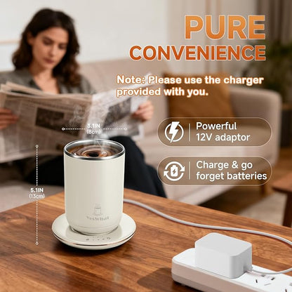 Coffee Mug Warmer 11oz,Self Stirring Smart Mug Warmer with Temperature Control & Auto Shut-Off,Stainless Steel Electric Heated Coffee Mug with Detachable Heating Base for Home,Kitchen & Gifts (White)