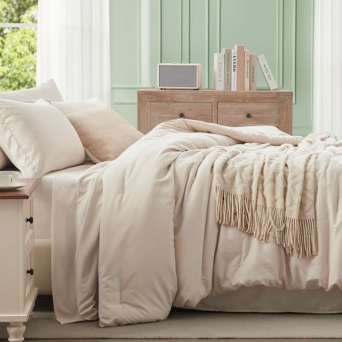 Anluoer Beige Full Comforter Set 7 Pieces, Bed in a Bag with Sheets, All Season Bedding Sets with 1 Comforter, 2 Pillow Shams, 2 Pillowcases, 1 Flat Sheet, 1 Fitted Sheet