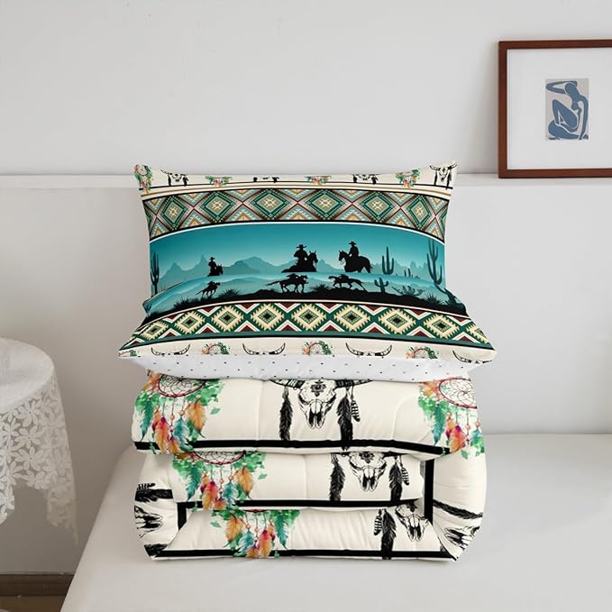 Erosebridal Horse Decor Western Comforter Set King,Farm Animals Quilt Indian Tribal Geometric Aztec Bedding Sets,Exotic Dream Catcher Feather Duvet Insert Farmhouse Western Decor,Green