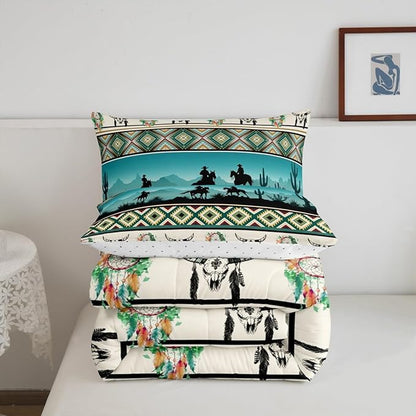 Erosebridal Horse Decor Western Comforter Set King,Farm Animals Quilt Indian Tribal Geometric Aztec Bedding Sets,Exotic Dream Catcher Feather Duvet Insert Farmhouse Western Decor,Green