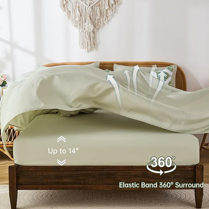 Luxudecor Green Comforter Set King Size 7 Pieces,Boho Aztec Comforter with Sheet Set,Geometric Striped Pattern Bed in a Bag,Soft Microfiber Bed Set 104"x90"