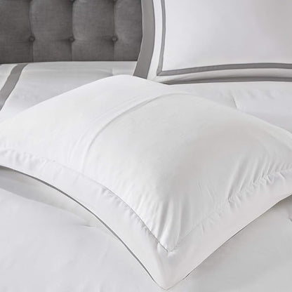 Madison Park Heritage Comforter Quilt Combo Set - Modern Luxury Design, All Season Down Alternative Bedding, Matching Shams, Decorative Pillows, King/Cal King(104"x92"), Color Block Grey 8 Piece