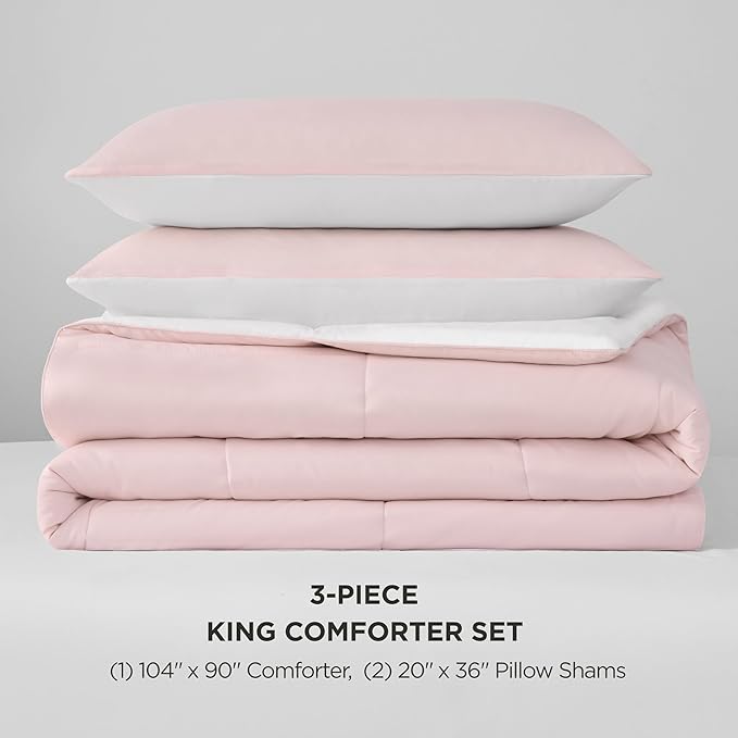 Juicy Couture Reversible Box Stitch Comforter Set, 3-Piece King – Pink Marshmallow/White – Glam Bedding Set