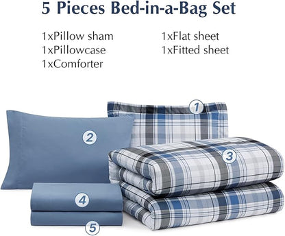 MaiRêve Twin XL Size Plaid Comforter Set Lake Blue, Classic 5 Pieces Farmhouse Bedding Set, All Season Lightweight Bed in A Bag with Sheets, Pillowcase & Sham