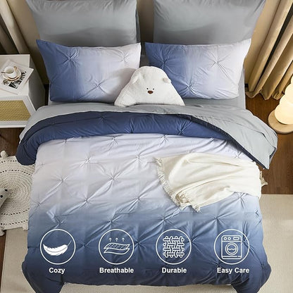 Dinjoy Ombre Comforter Set Twin Size, 5-Piece Bed in a Bag for Kid Teen, Pintuck Colorful Rainbow Bedding Sets with Comforter, Flat Sheet, Fitted Sheet and Pillowcases & Shams, Blue